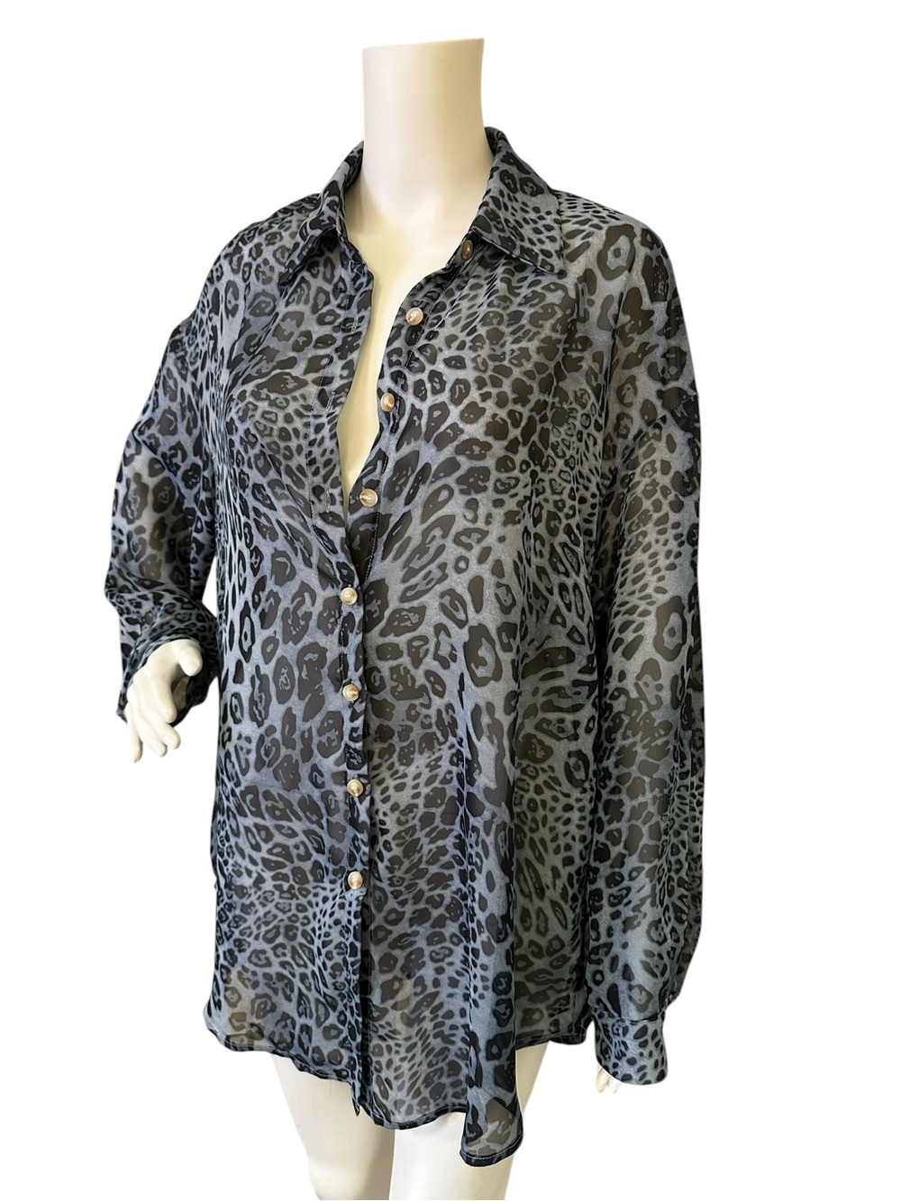 Leopard Print Button-Up Blouse (Light Blue)